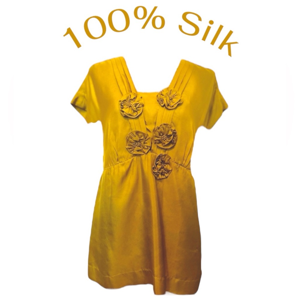 100% Silk Alfani V-neck Elegant Soft Yellow Gold Floral Top Blouse 8
